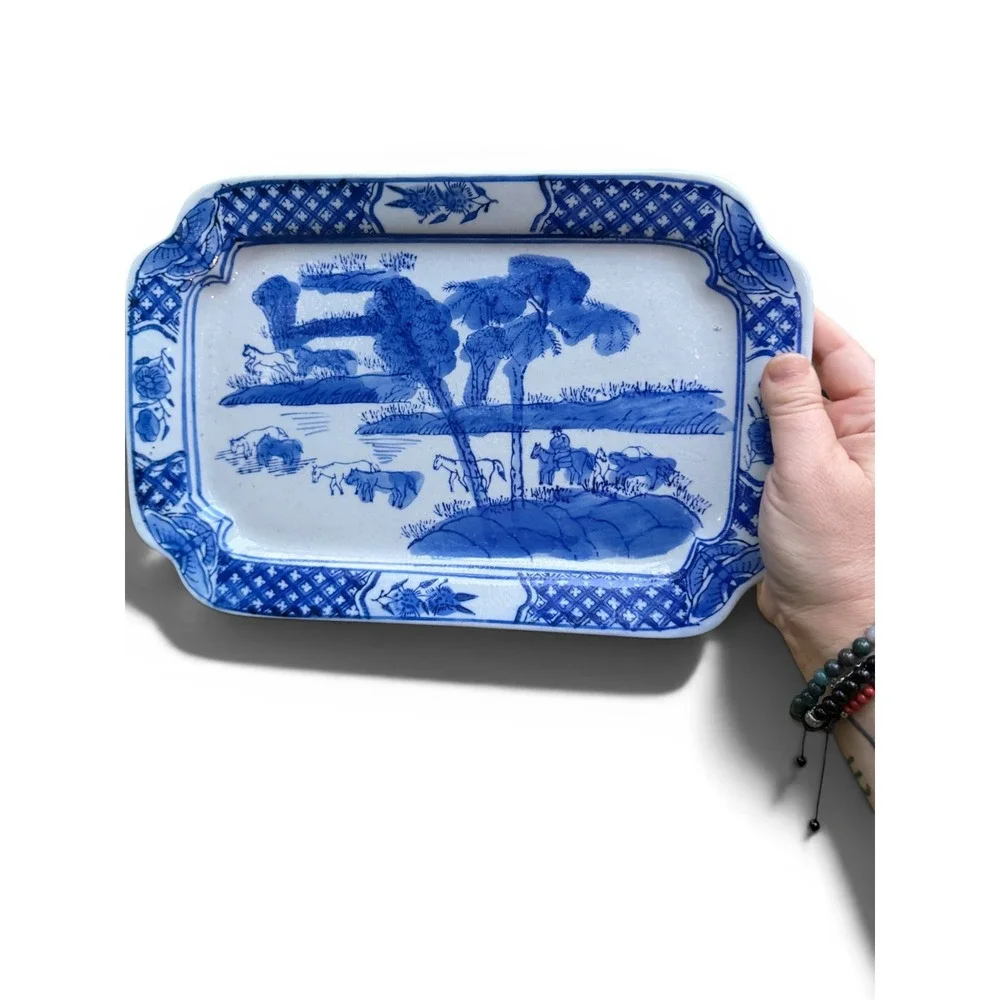 Vintage Blue + White Porcelain Rectangular Platter | Chinoiserie Horse Landscape